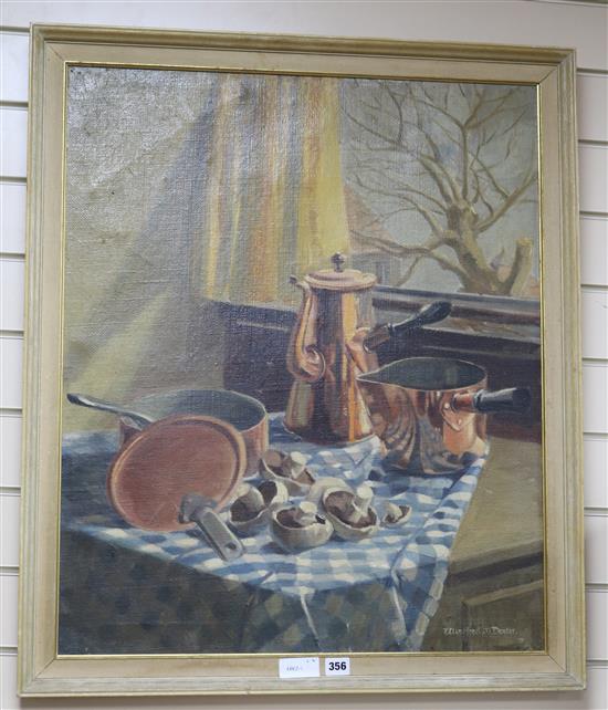 Winifred M. Dexter, oil on canvas, still life of copper pans and a coffee pot 75 x 63cm